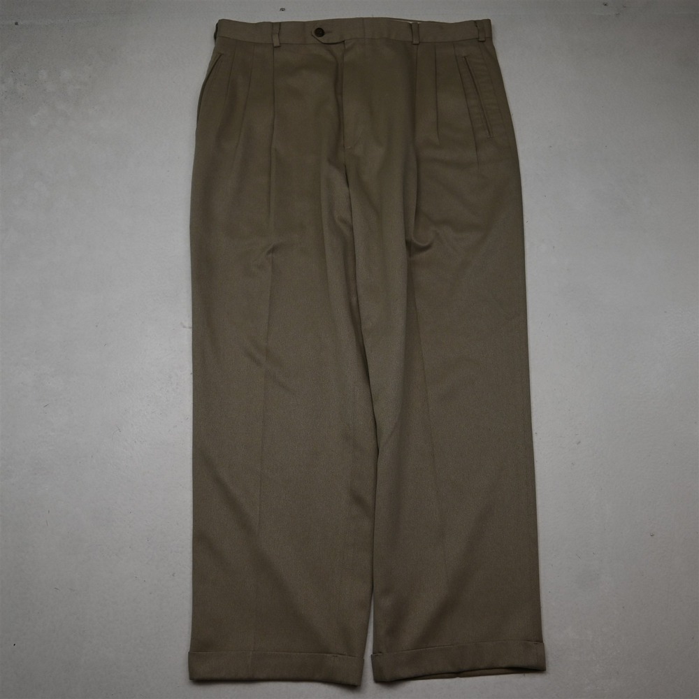 Vtg USA Made 34x30 Beige Tan Flannel Pleated Cuffed High Waist Baggy Dress Pants
